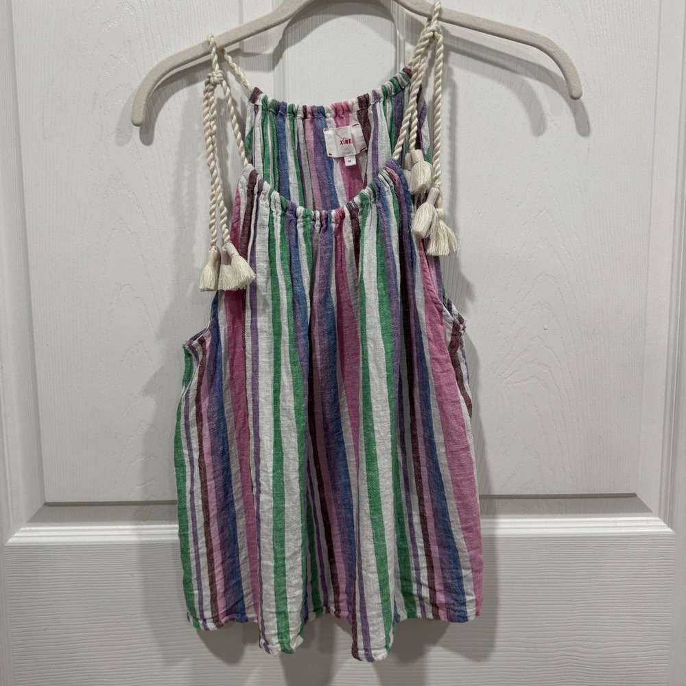 Xirena Womens Striped Tank Top Cotton Linen Tassel Sleeveless Casual M